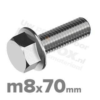 Zeskantbout met flens M8 x 70mm DIN 6921 A2 ( RVS )