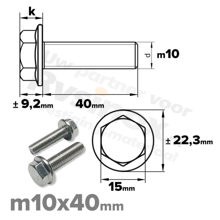 Zeskantbout met flens M10 x 40mm DIN 6921 A2 ( RVS )