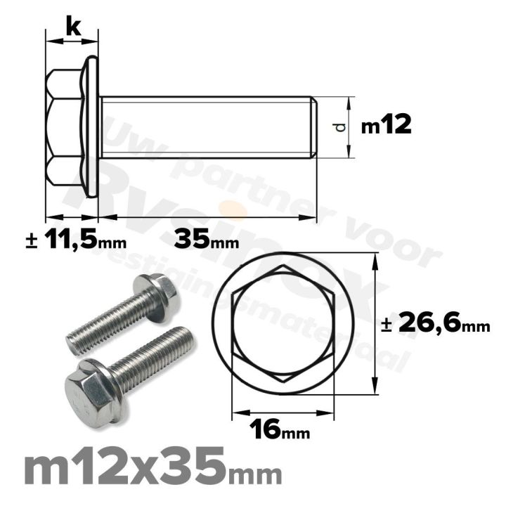 Zeskantbout met flens M12 x 35mm DIN 6921 A2 ( RVS )