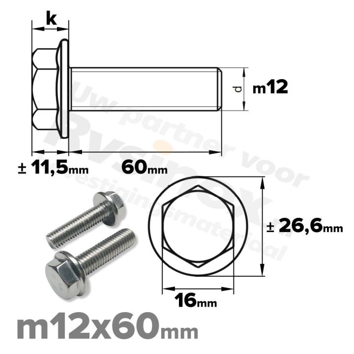 Zeskantbout met flens M12 x 60mm DIN 6921 A2 ( RVS )