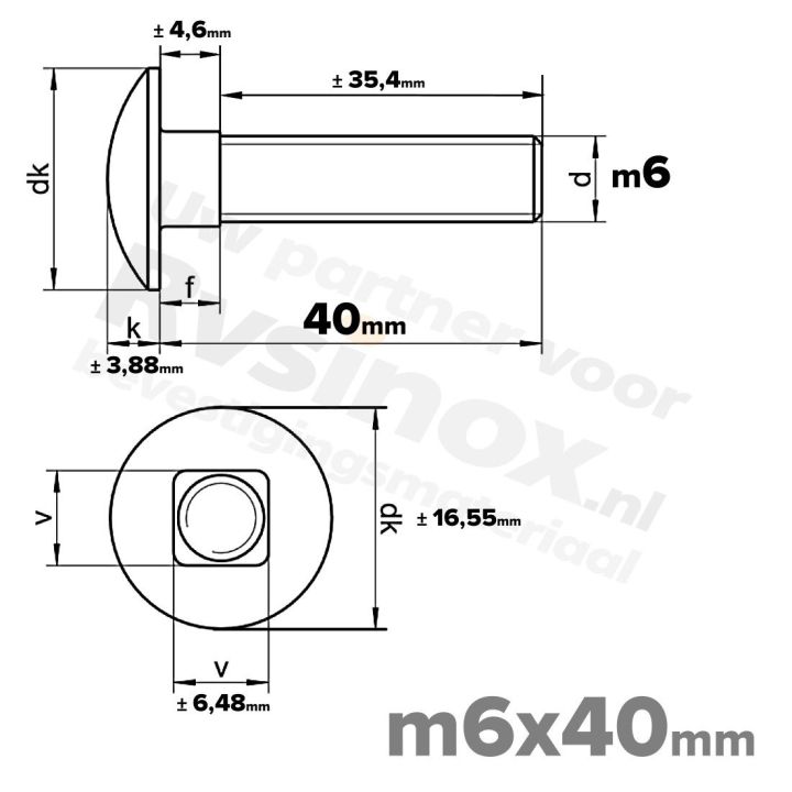 Slotbout M6 x 40mm DIN 603 A2 ( RVS )