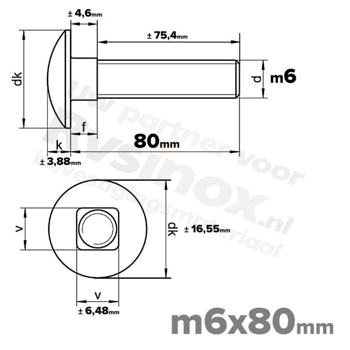 Slotbout M6 x 80mm DIN 603 A2 ( RVS )