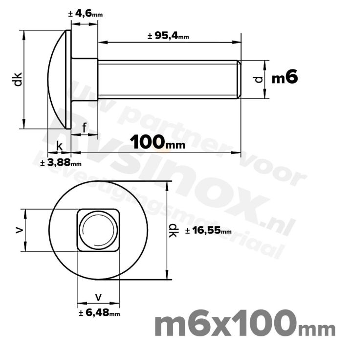 Slotbout M6 x 100mm DIN 603 A2 ( RVS )