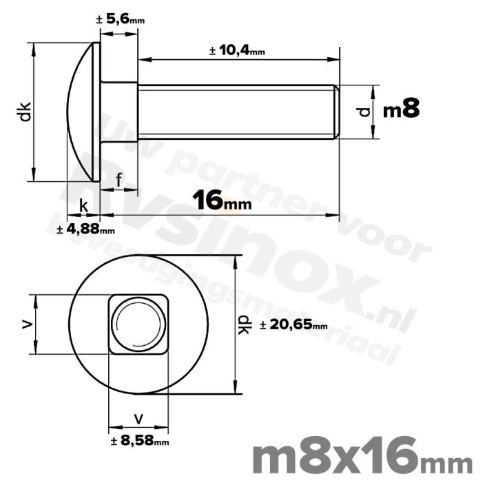 Slotbout M8 x 16mm DIN 603 A2 ( RVS )