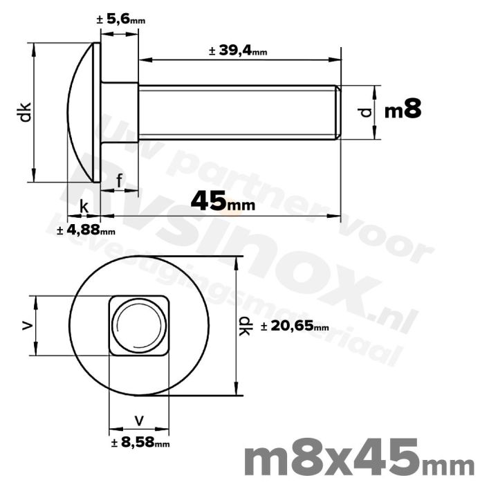 Slotbout M8 x 45mm DIN 603 A2 ( RVS )