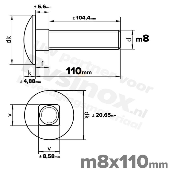 Slotbout M8 x 110mm DIN 603 A2 ( RVS )