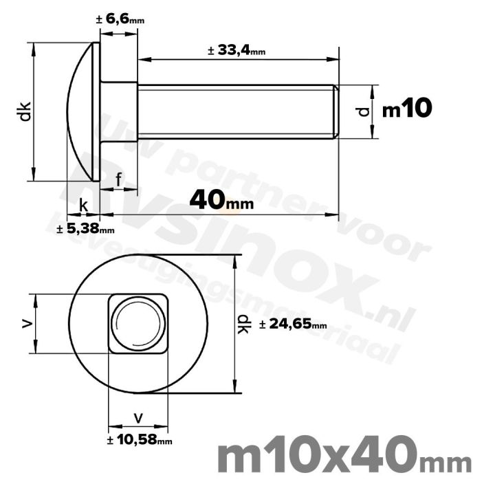 Slotbout M10 x 40mm DIN 603 A2 ( RVS )