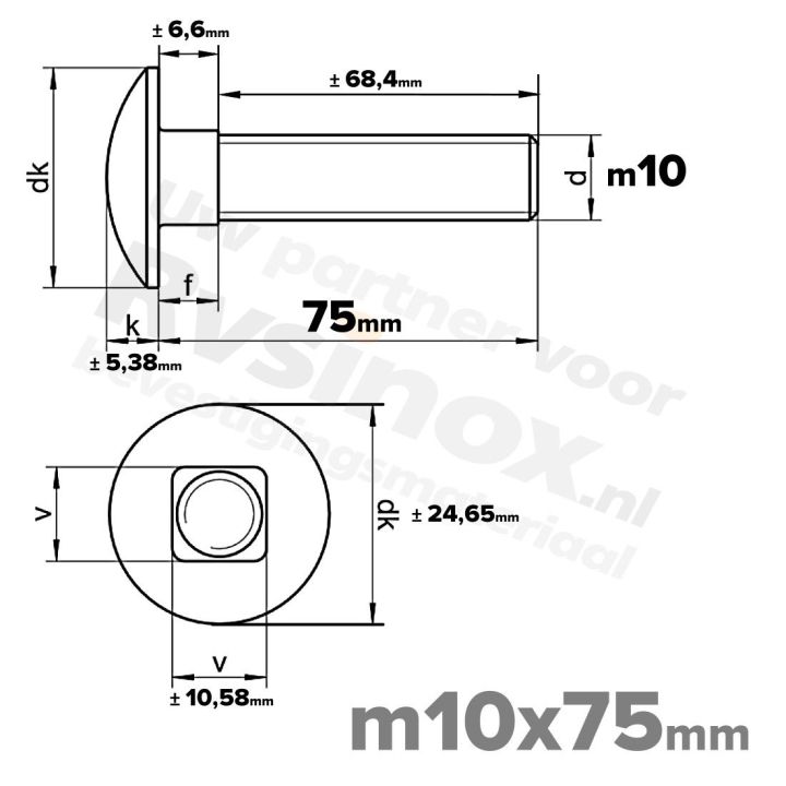 Slotbout M10 x 75mm DIN 603 A2 ( RVS )
