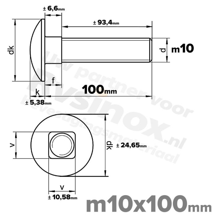 Slotbout M10 x 100mm DIN 603 A2 ( RVS )