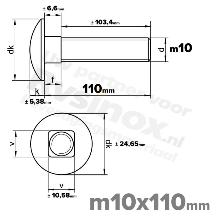 Slotbout M10 x 110mm DIN 603 A2 ( RVS )