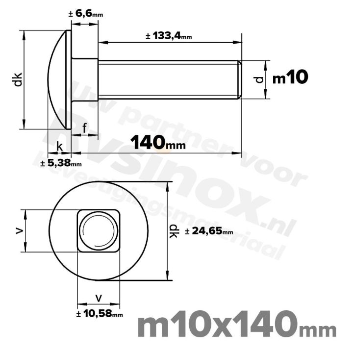 Slotbout M10 x 140mm DIN 603 A2 ( RVS )