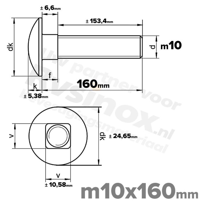 Slotbout M10 x 160mm DIN 603 A2 ( RVS )