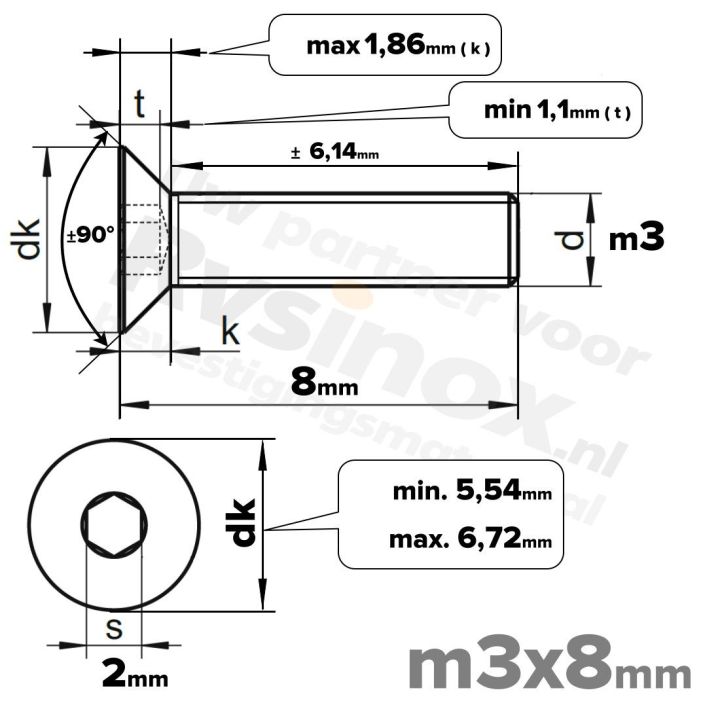 ISO 10642 RVS A2 M3x8mm | Rvsinox.nl