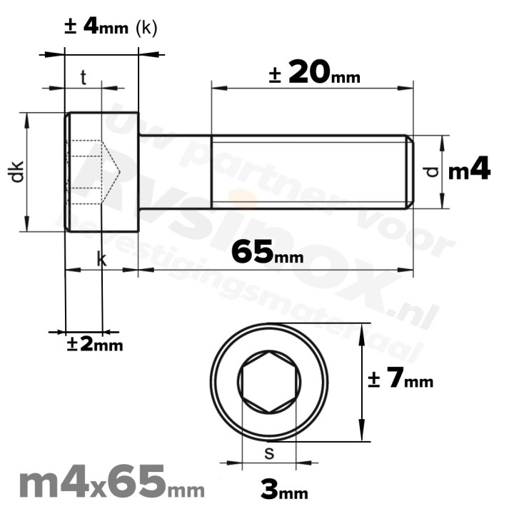 RVS Inbusbout M4x65 DIN 912 A2 | Cilinderschroef ISO 4762