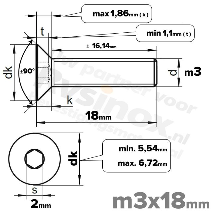 ISO 10642 RVS A2 M3x18mm | Rvsinox.nl