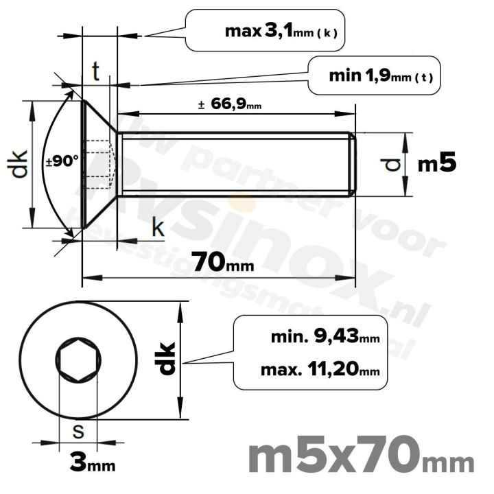 ISO 10642 RVS A2 M5x70mm | Rvsinox.nl