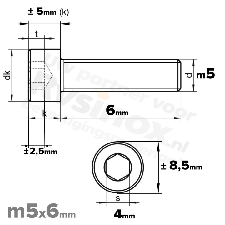 RVS Inbusbout M5x6 DIN 912 A2 | Cilinderschroef ISO 4762