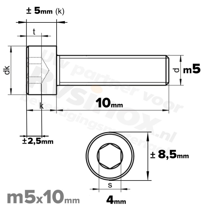 RVS Inbusbout M5x10 DIN 912 A2 | Cilinderschroef ISO 4762