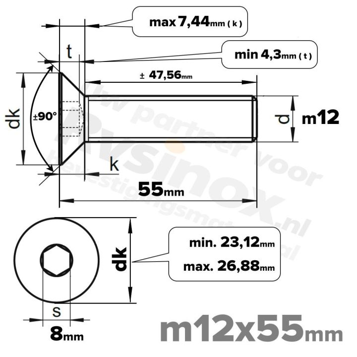 ISO 10642 RVS A2 M12x55mm | Rvsinox.nl