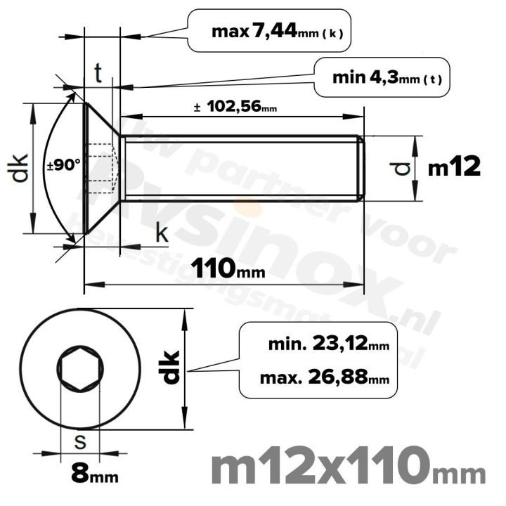 ISO 10642 RVS A2 M12x110mm | Rvsinox.nl