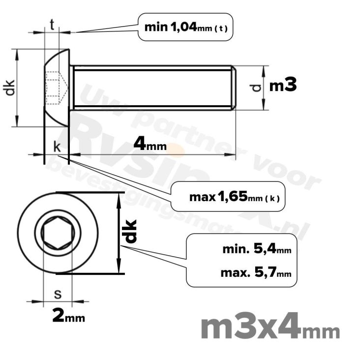 RVS laagbolkopschroef M3x4mm ISO 7380-1 A2 | Rvsinox.nl