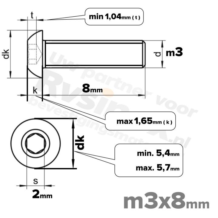 RVS laagbolkopschroef M3x8mm ISO 7380-1 A2 | Rvsinox.nl