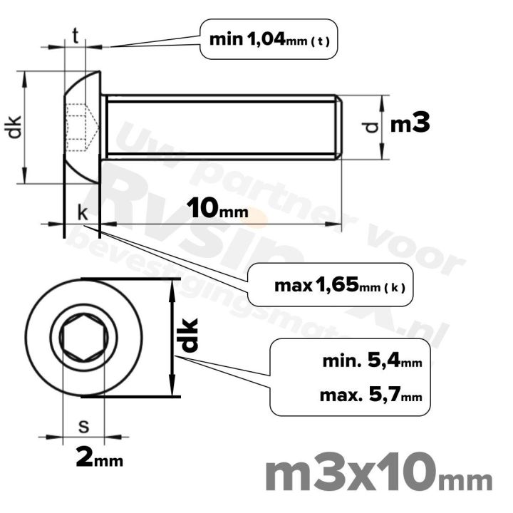 RVS laagbolkopschroef M3x10mm ISO 7380-1 A2 | Rvsinox.nl
