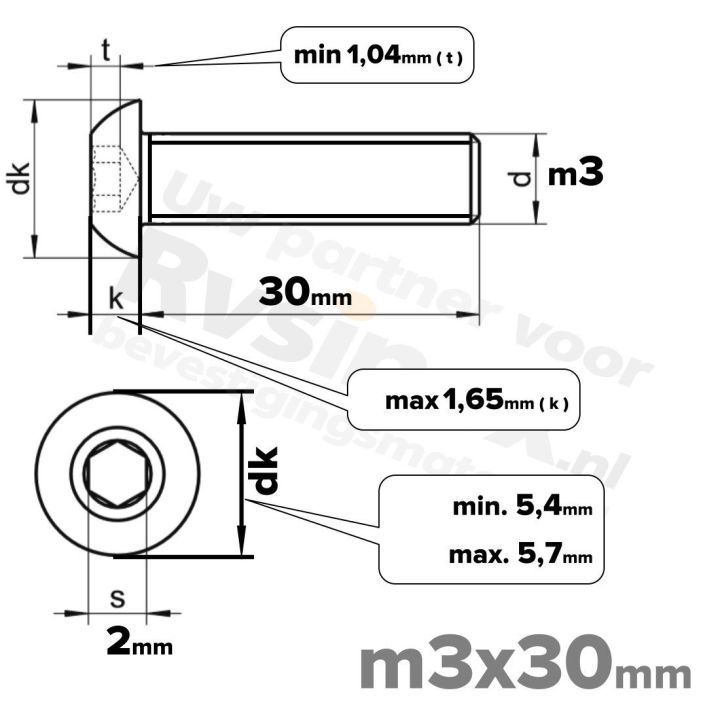 RVS laagbolkopschroef M3x30mm ISO 7380-1 A2 | Rvsinox.nl