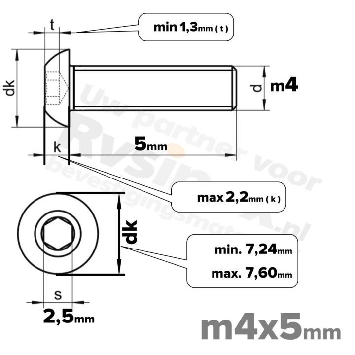 RVS laagbolkopschroef M4x5mm ISO 7380-1 A2 | Rvsinox.nl
