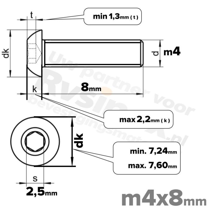 RVS laagbolkopschroef M4x8mm ISO 7380-1 A2 | Rvsinox.nl