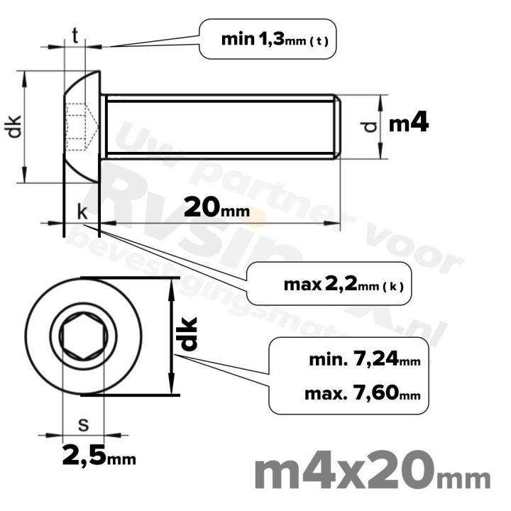 RVS laagbolkopschroef M4x20mm ISO 7380-1 A2 | Rvsinox.nl