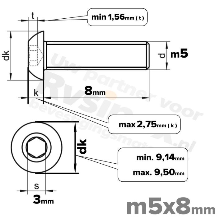 RVS laagbolkopschroef M5x8mm ISO 7380-1 A2 | Rvsinox.nl