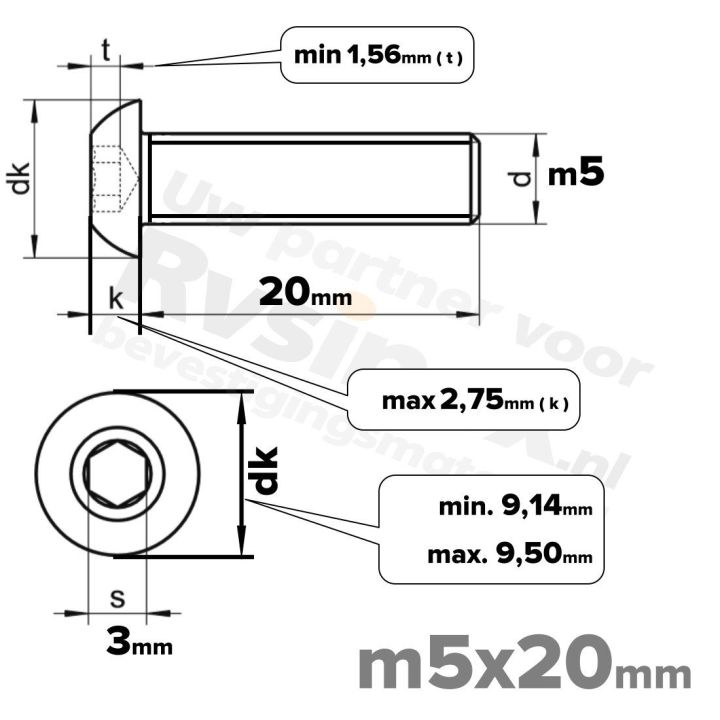 RVS laagbolkopschroef M5x20mm ISO 7380-1 A2 | Rvsinox.nl
