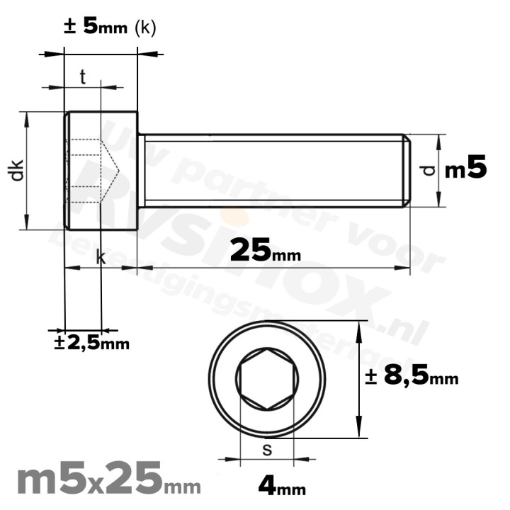 RVS Inbusbout M5x25 DIN 912 A2 | Cilinderschroef ISO 4762