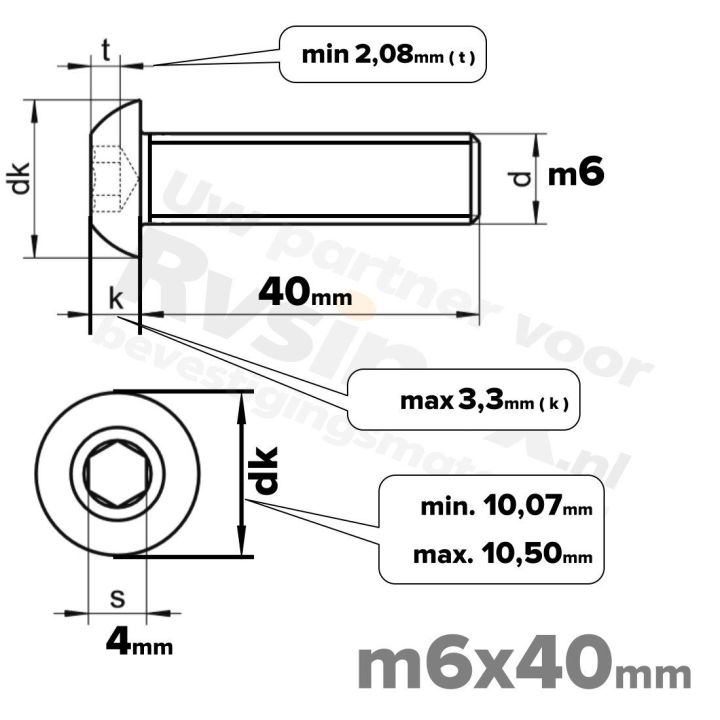 RVS laagbolkopschroef M6x40mm ISO 7380-1 A2 | Rvsinox.nl