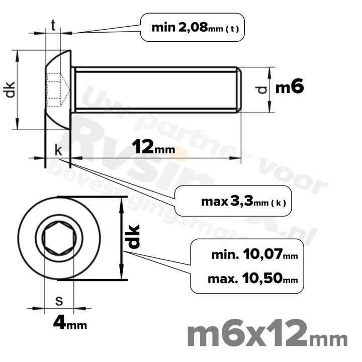 RVS laagbolkopschroef M6x12mm ISO 7380-1 A2 | Rvsinox.nl