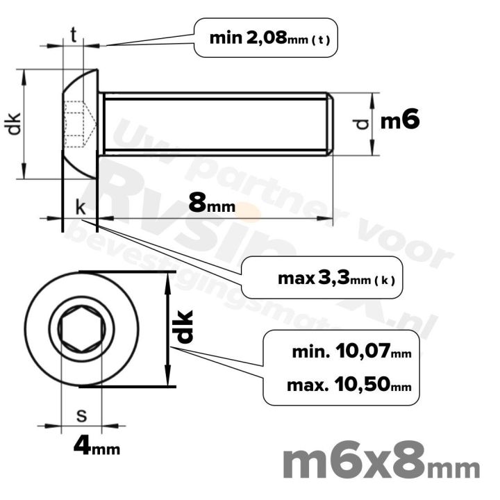 RVS laagbolkopschroef M6x8mm ISO 7380-1 A2 | Rvsinox.nl