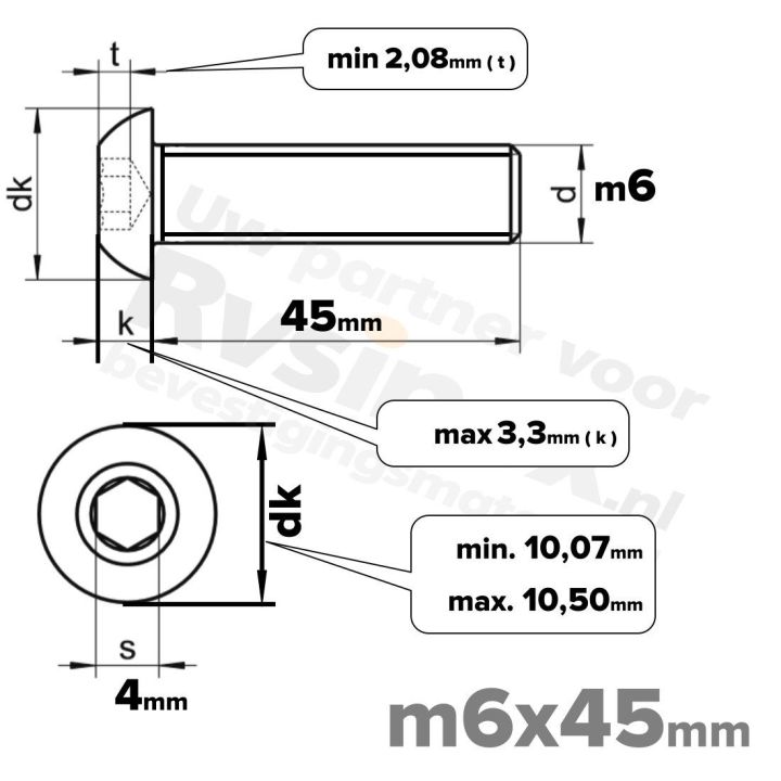 RVS laagbolkopschroef M6x45mm ISO 7380-1 A2 | Rvsinox.nl