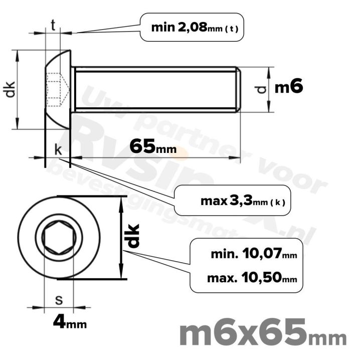 RVS laagbolkopschroef M6x65mm ISO 7380-1 A2 | Rvsinox.nl