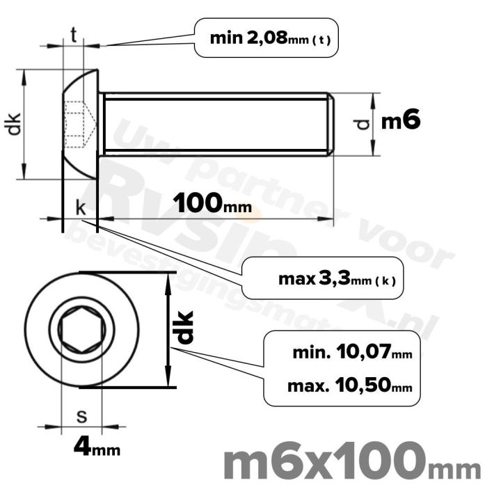 RVS laagbolkopschroef M6x100mm ISO 7380-1 A2 | Rvsinox.nl