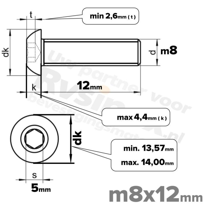 RVS laagbolkopschroef M8x12mm ISO 7380-1 A2 | Rvsinox.nl