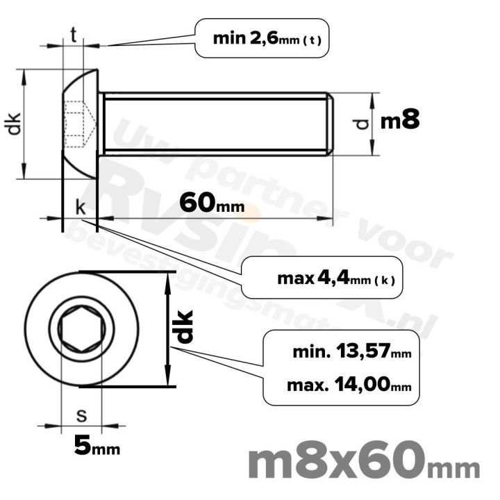 RVS laagbolkopschroef M8x60mm ISO 7380-1 A2 | Rvsinox.nl