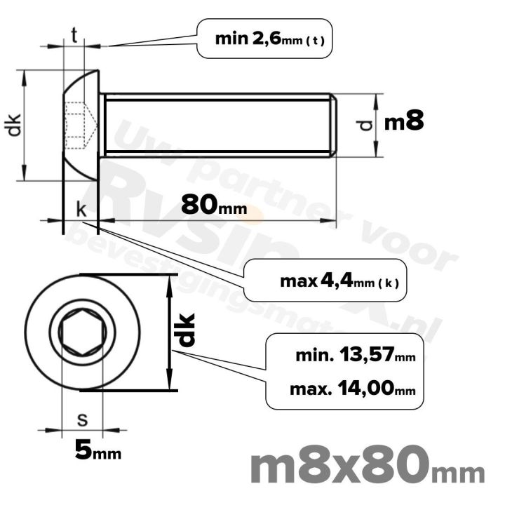 RVS laagbolkopschroef M8x80mm ISO 7380-1 A2 | Rvsinox.nl