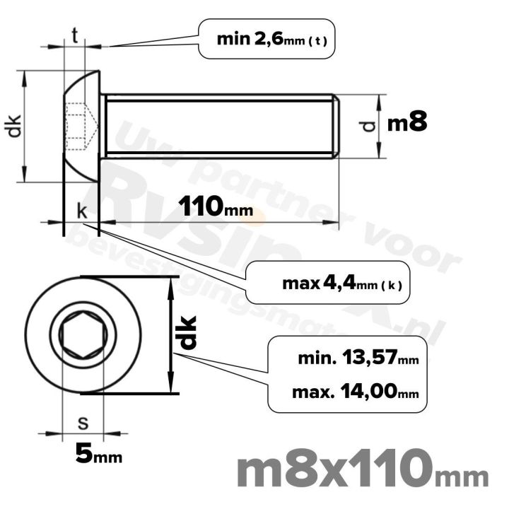 RVS laagbolkopschroef M8x110mm ISO 7380-1 A2 | Rvsinox.nl