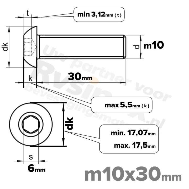 RVS laagbolkopschroef M10x30mm ISO 7380-1 A2 | Rvsinox.nl