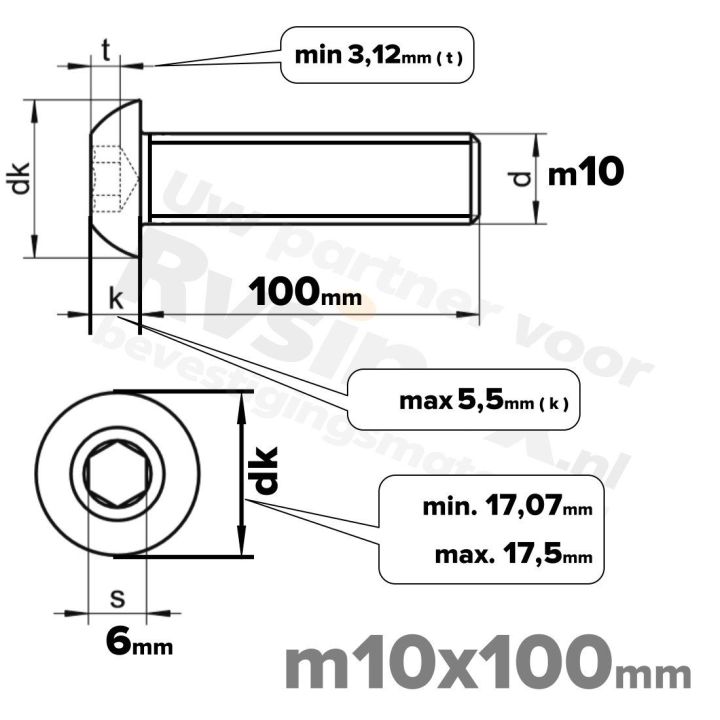 RVS laagbolkopschroef M10x100mm ISO 7380-1 A2 | Rvsinox.nl