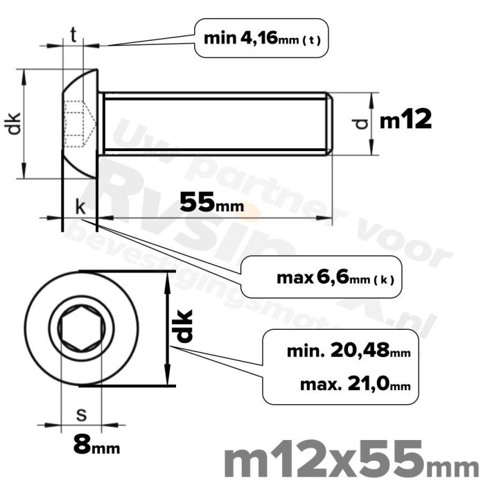 RVS laagbolkopschroef M12x55mm ISO 7380-1 A2 | Rvsinox.nl