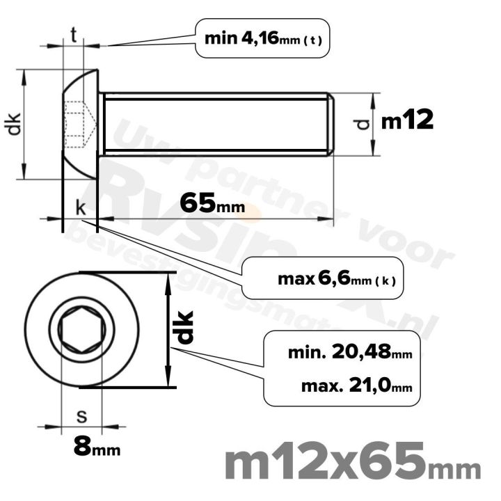 RVS laagbolkopschroef M12x65mm ISO 7380-1 A2 | Rvsinox.nl