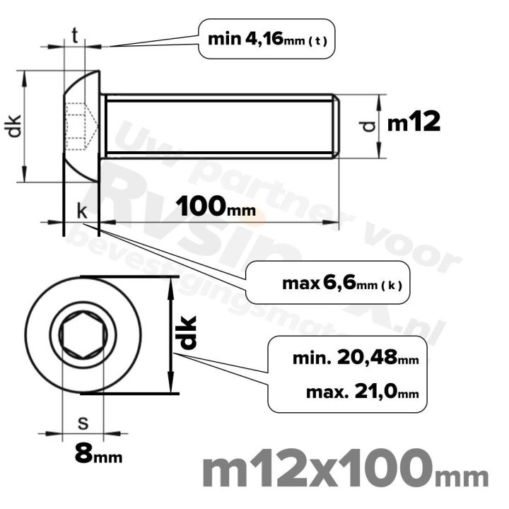 RVS laagbolkopschroef M12x100mm ISO 7380-1 A2 | Rvsinox.nl