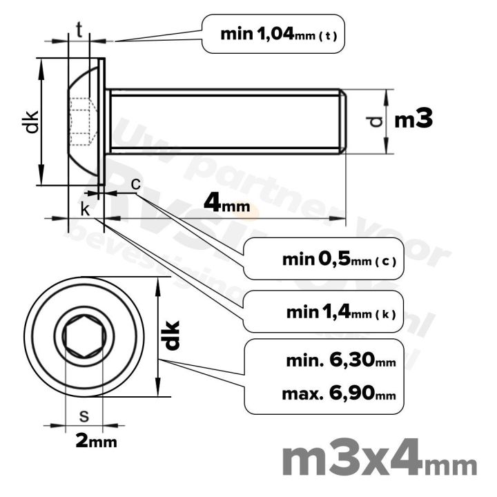 RVS laagbolkopflensschroef M3x4mm ISO 7380-2 A2 | Rvsinox.nl